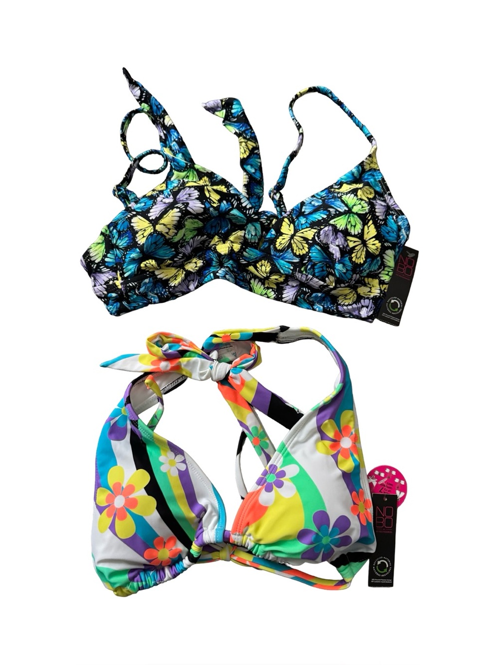 No Boundaries NOBO Bikini Top Lot x2 M Butterfly & Rainbow Floral NWT